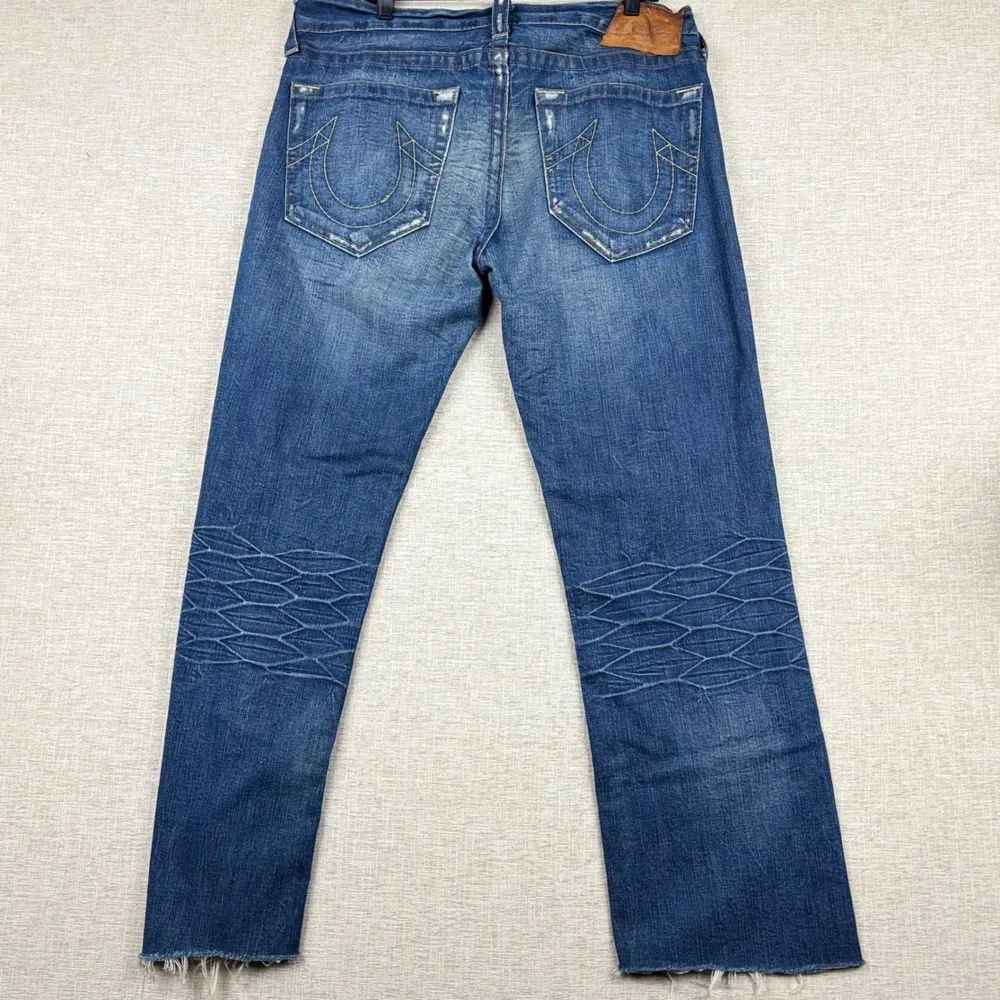 True Religion Mens 34x30 Y2K Distressed Festival  Blue Jeans Patchwork USA Made